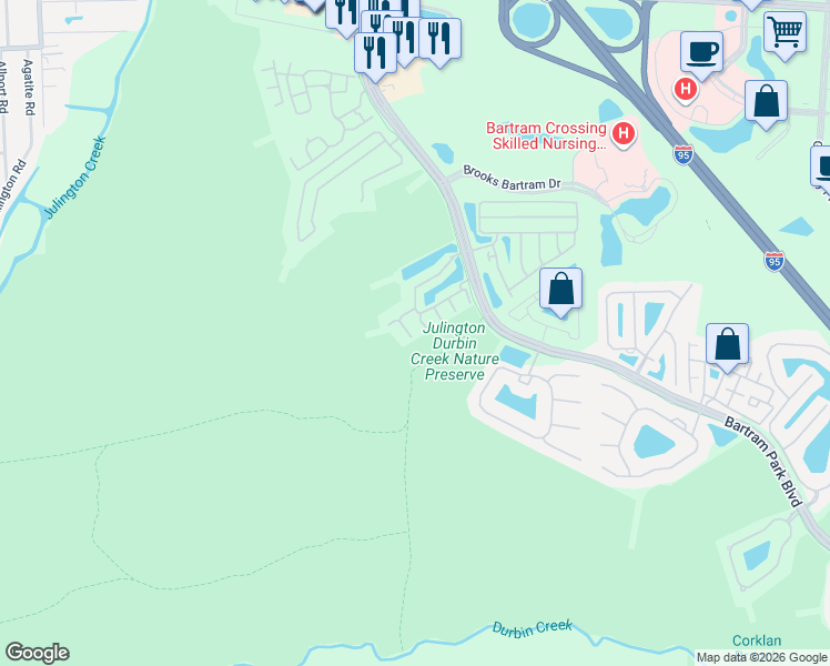 map of restaurants, bars, coffee shops, grocery stores, and more near 13497 Sunstone Street in Jacksonville