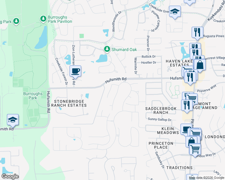 map of restaurants, bars, coffee shops, grocery stores, and more near 25410 Hollowgate Park Lane in Tomball