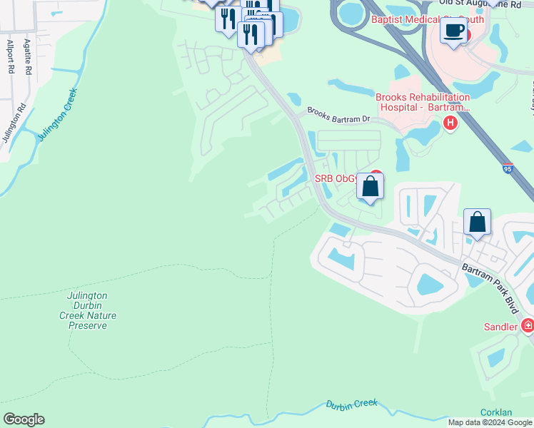 map of restaurants, bars, coffee shops, grocery stores, and more near 13486 Sunstone Street in Jacksonville