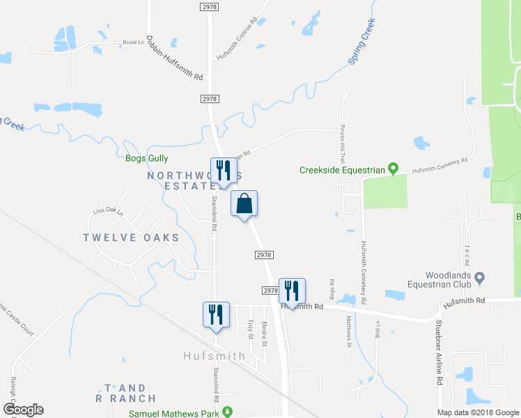 map of restaurants, bars, coffee shops, grocery stores, and more near 25306 Hufsmith-Kohrville Road in Tomball