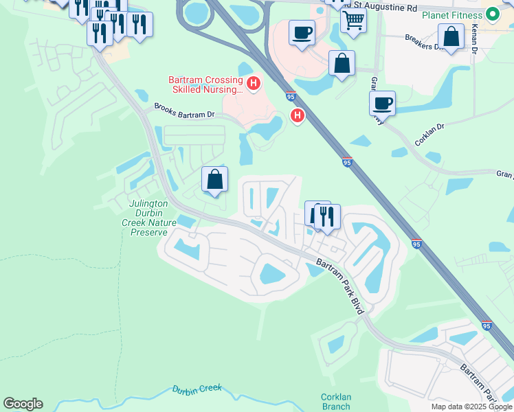 map of restaurants, bars, coffee shops, grocery stores, and more near 13333 Low Tide Way in Jacksonville