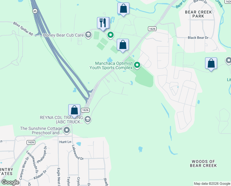 map of restaurants, bars, coffee shops, grocery stores, and more near 2112 Big Valley Drive in Manchaca