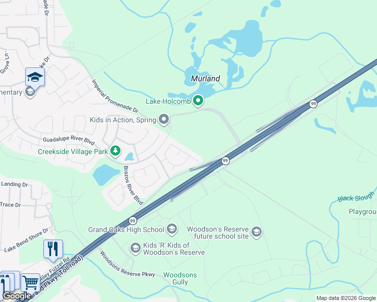 map of restaurants, bars, coffee shops, grocery stores, and more near 28810 Red River Loop in Spring