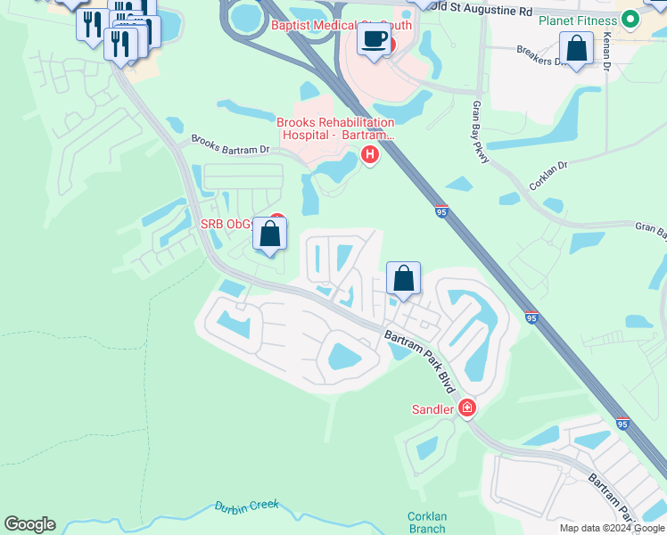 map of restaurants, bars, coffee shops, grocery stores, and more near 13315 Low Tide Way in Jacksonville