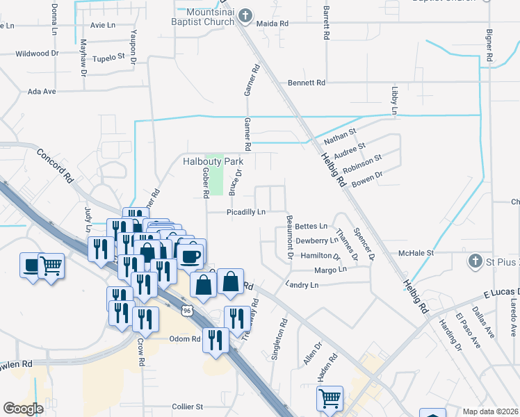 map of restaurants, bars, coffee shops, grocery stores, and more near 4910 Dover Road in Beaumont