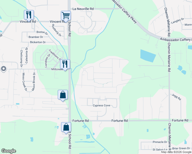 map of restaurants, bars, coffee shops, grocery stores, and more near 100 Olivewood drive in Lafayette
