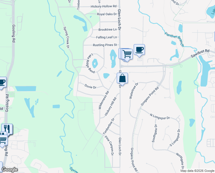 map of restaurants, bars, coffee shops, grocery stores, and more near 3203 Windgap Court in Spring