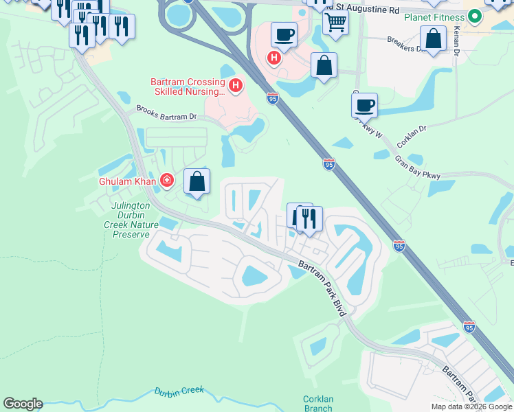 map of restaurants, bars, coffee shops, grocery stores, and more near 13333 Low Tide Way in Jacksonville