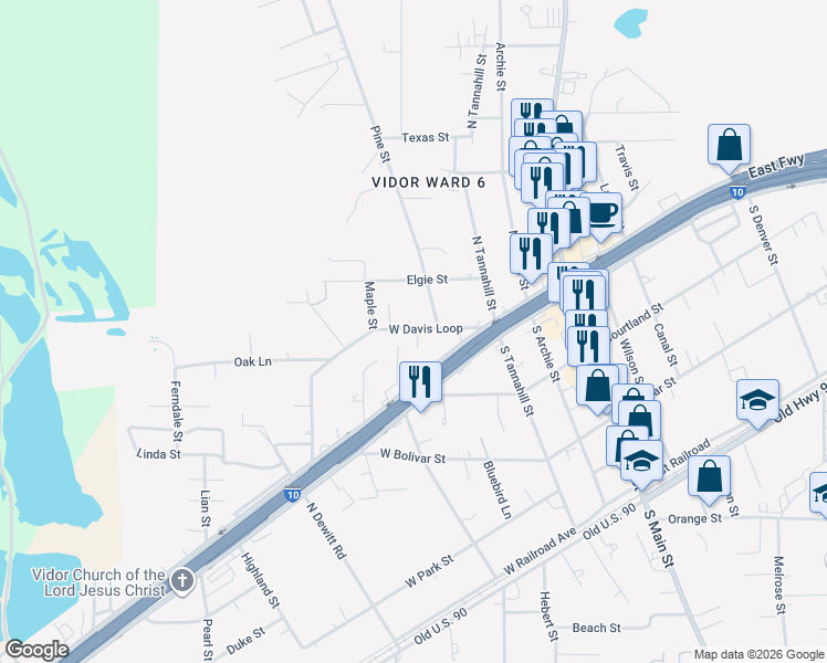 map of restaurants, bars, coffee shops, grocery stores, and more near 450 West Davis Loop in Vidor