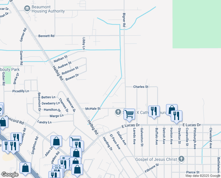 map of restaurants, bars, coffee shops, grocery stores, and more near 5375 Jenard Lane in Beaumont