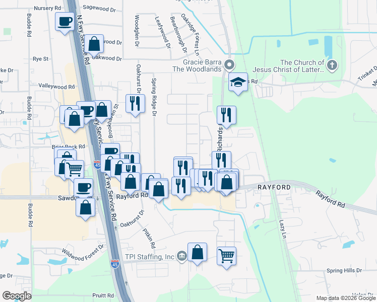 map of restaurants, bars, coffee shops, grocery stores, and more near 502 Chinkapin Oak Drive in Spring