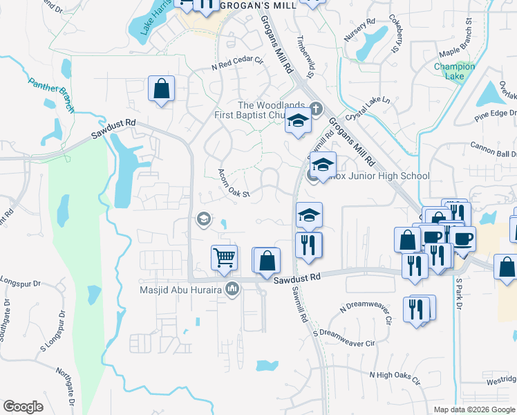 map of restaurants, bars, coffee shops, grocery stores, and more near 12216 Gun Oak Place in Spring