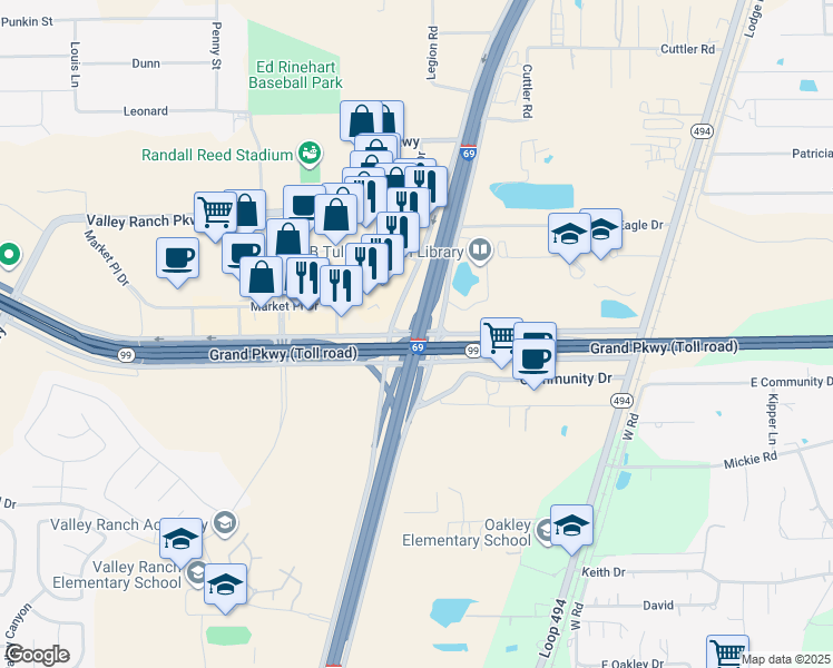 map of restaurants, bars, coffee shops, grocery stores, and more near Grand Parkway in New Caney