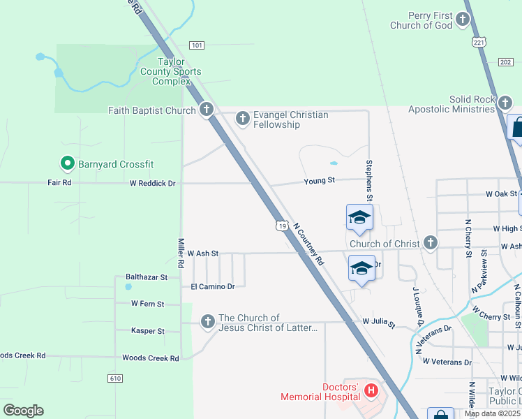 map of restaurants, bars, coffee shops, grocery stores, and more near 1155 North Byron Butler Parkway in Perry