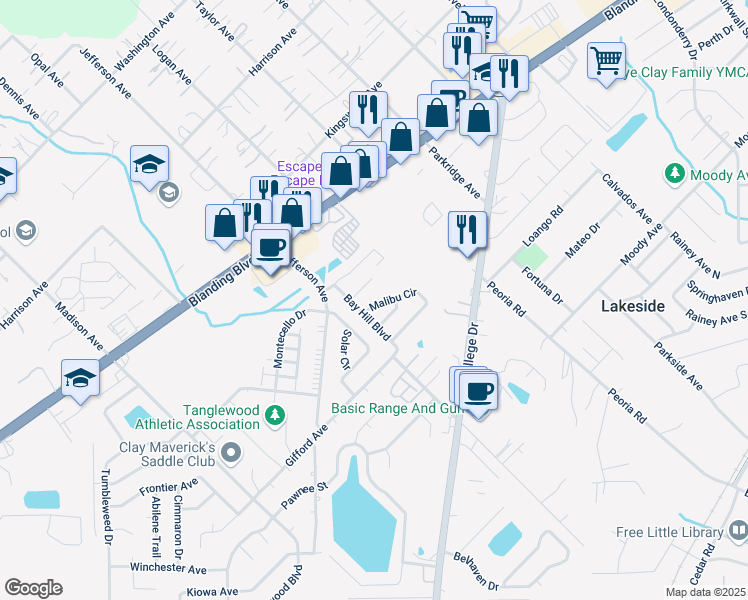 map of restaurants, bars, coffee shops, grocery stores, and more near 2660 Malibu Circle in Orange Park