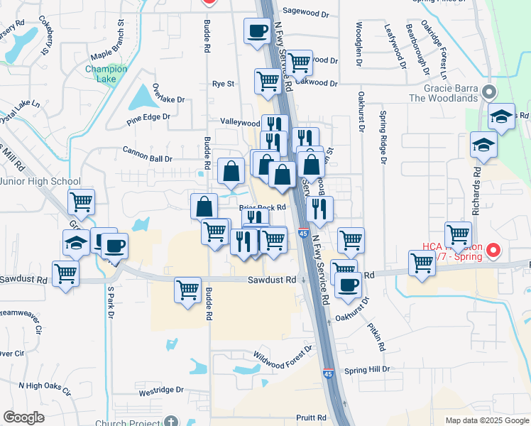 map of restaurants, bars, coffee shops, grocery stores, and more near 25300 Borough Park Drive in Spring
