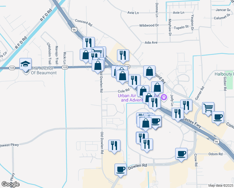 map of restaurants, bars, coffee shops, grocery stores, and more near 5855 Cole Road in Beaumont