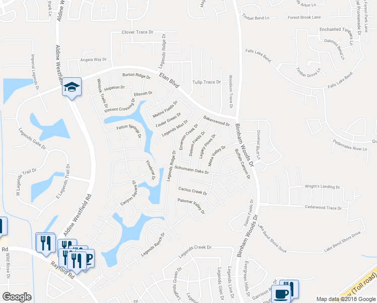 map of restaurants, bars, coffee shops, grocery stores, and more near 30231 Deleon Fields Drive in Spring