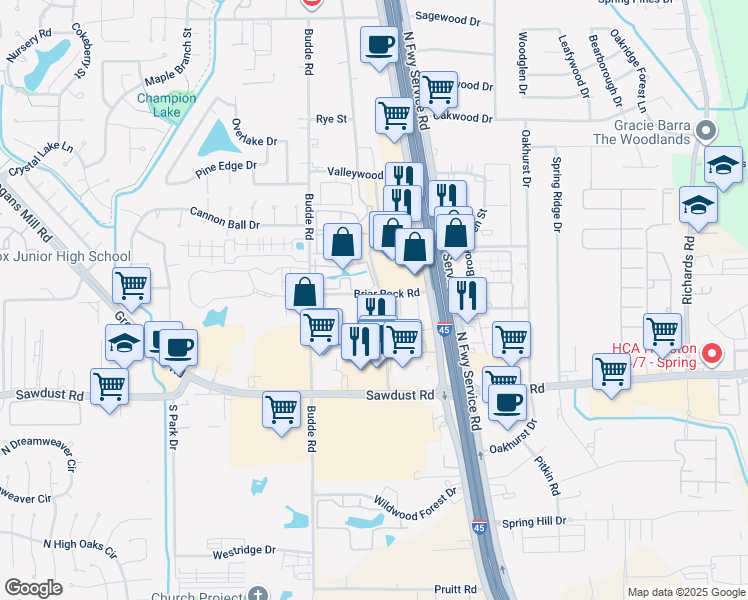 map of restaurants, bars, coffee shops, grocery stores, and more near 25300 Borough Park Drive in Spring