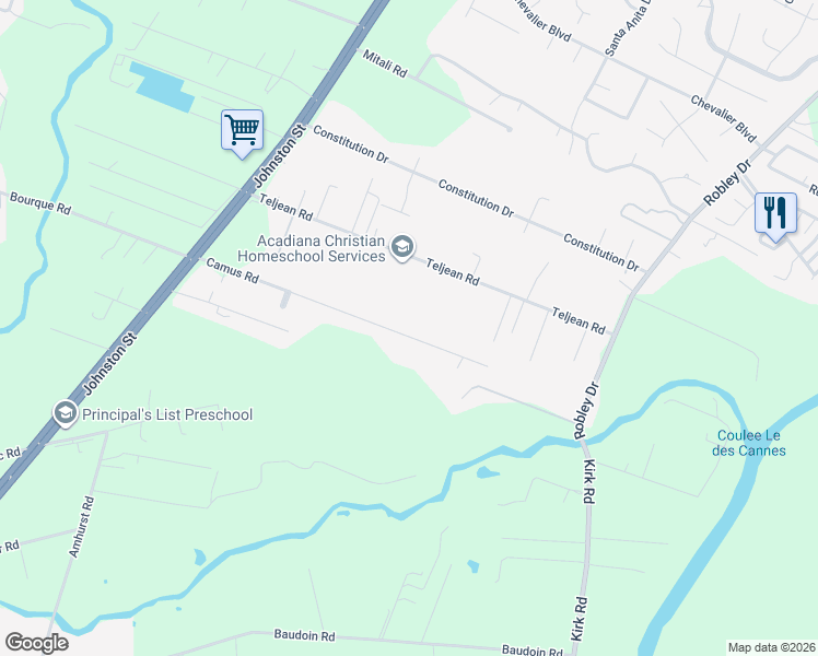 map of restaurants, bars, coffee shops, grocery stores, and more near 332 Camus Road in Lafayette
