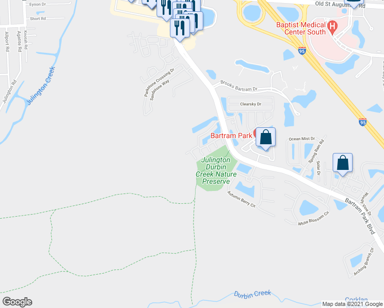 map of restaurants, bars, coffee shops, grocery stores, and more near 13489 Sunstone Street in Jacksonville