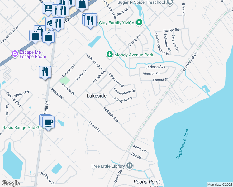 map of restaurants, bars, coffee shops, grocery stores, and more near 5775 Springhaven Drive in Orange Park