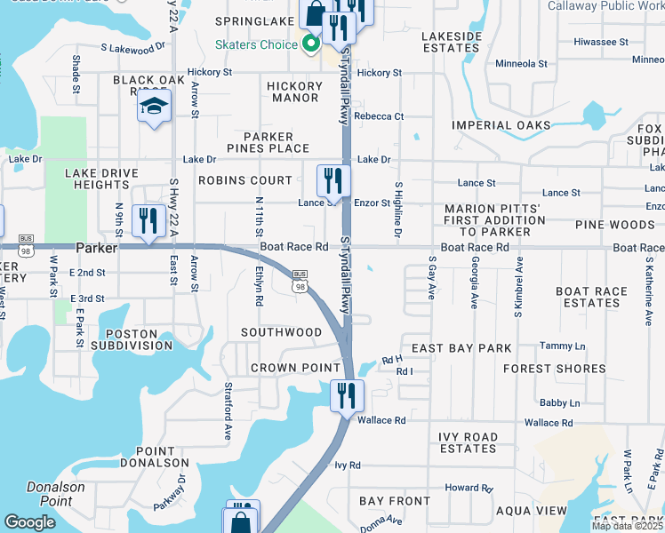 map of restaurants, bars, coffee shops, grocery stores, and more near 918 South Tyndall Parkway in Callaway