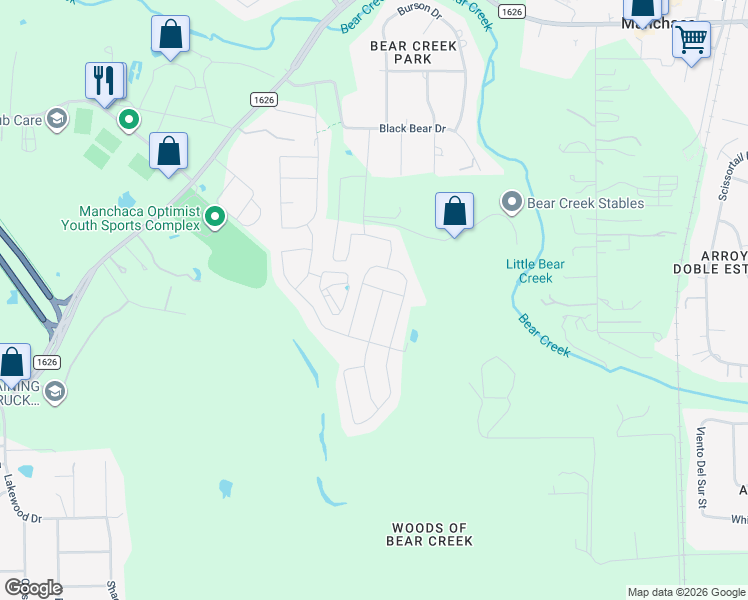 map of restaurants, bars, coffee shops, grocery stores, and more near 13200 Mariscan Street in Manchaca