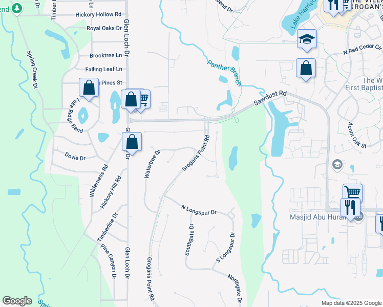 map of restaurants, bars, coffee shops, grocery stores, and more near 50 Watertree Drive in Spring