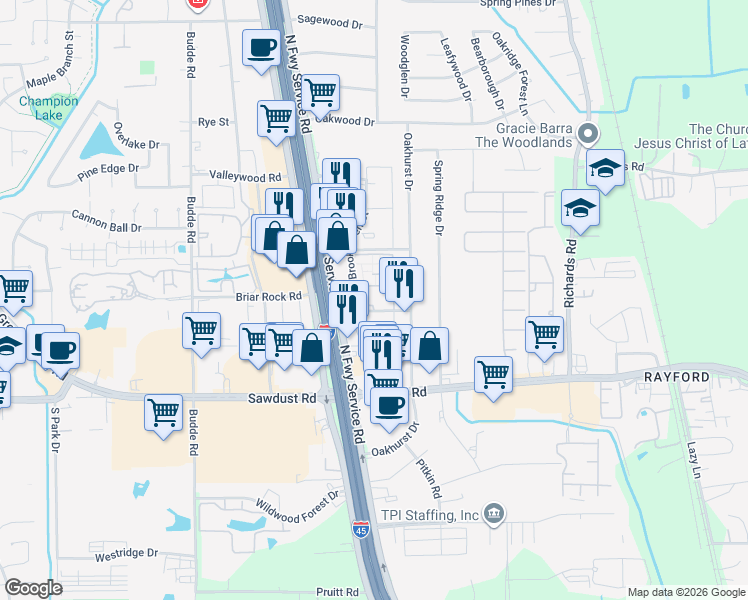 map of restaurants, bars, coffee shops, grocery stores, and more near 25510 Brookhaven Street in Spring