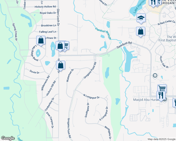 map of restaurants, bars, coffee shops, grocery stores, and more near 50 Watertree Drive in Spring