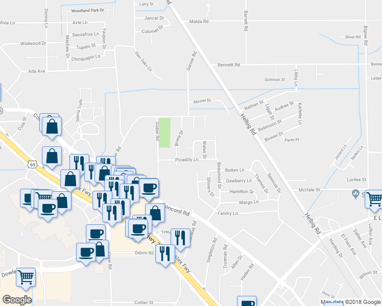 map of restaurants, bars, coffee shops, grocery stores, and more near 4935 Dover Road in Beaumont