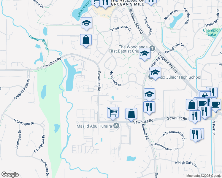 map of restaurants, bars, coffee shops, grocery stores, and more near 5 Gambrel Oak Place in Spring