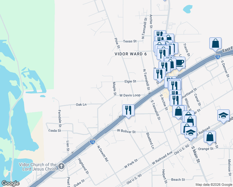 map of restaurants, bars, coffee shops, grocery stores, and more near 550 W Davis Loop in Vidor