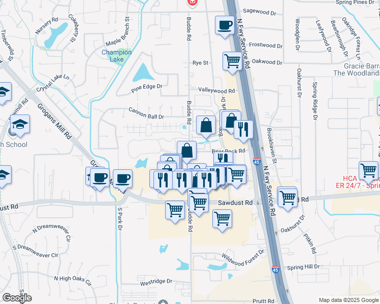 map of restaurants, bars, coffee shops, grocery stores, and more near 25410 Budde Road in Spring