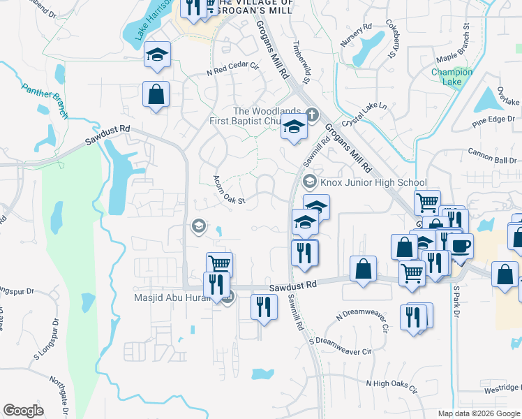 map of restaurants, bars, coffee shops, grocery stores, and more near 12216 Gun Oak Place in Spring