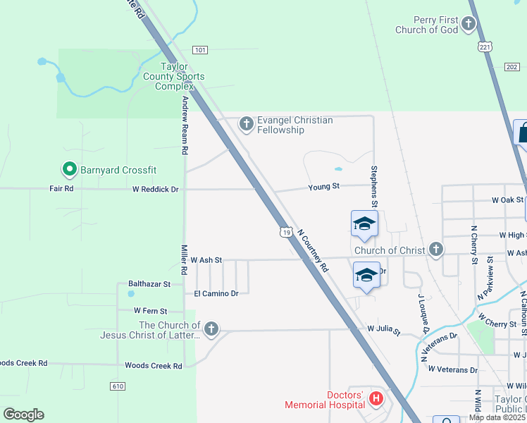 map of restaurants, bars, coffee shops, grocery stores, and more near 1155 North Byron Butler Parkway in Perry