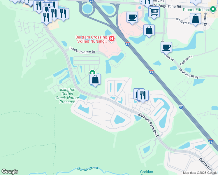 map of restaurants, bars, coffee shops, grocery stores, and more near 13333 Ocean Mist Drive in Jacksonville