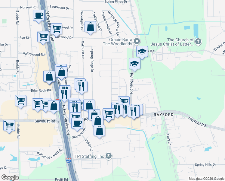 map of restaurants, bars, coffee shops, grocery stores, and more near 502 Chinkapin Oak Dr in Spring