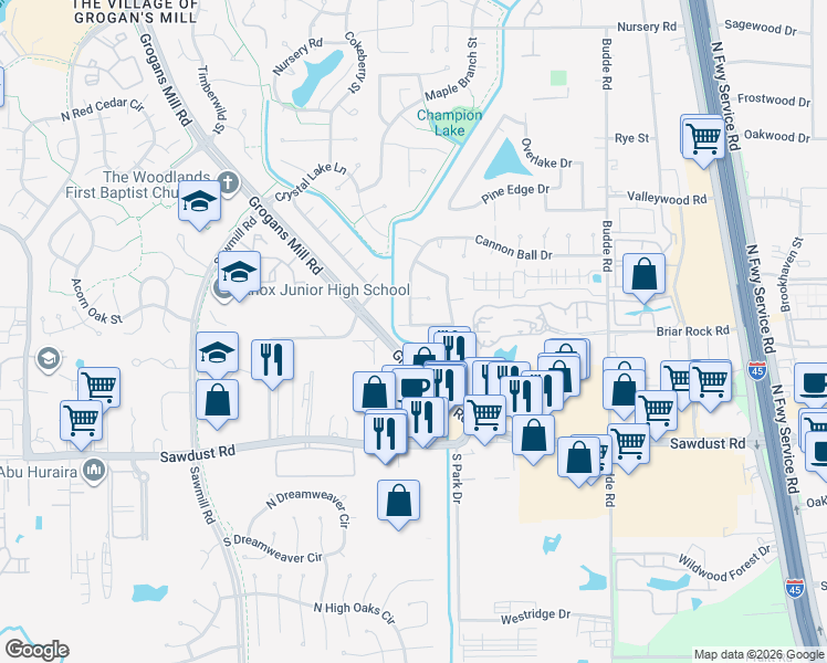 map of restaurants, bars, coffee shops, grocery stores, and more near 719 Shadow Brook Drive in Spring