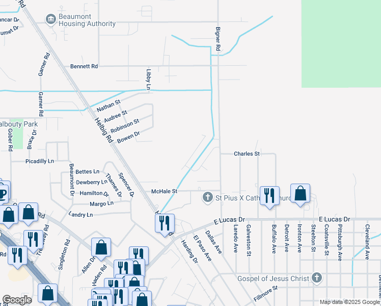 map of restaurants, bars, coffee shops, grocery stores, and more near 5375 Jenard Lane in Beaumont