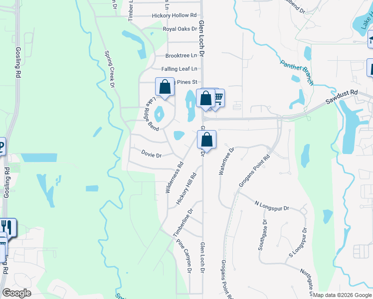 map of restaurants, bars, coffee shops, grocery stores, and more near 3203 Windgap Court in Spring