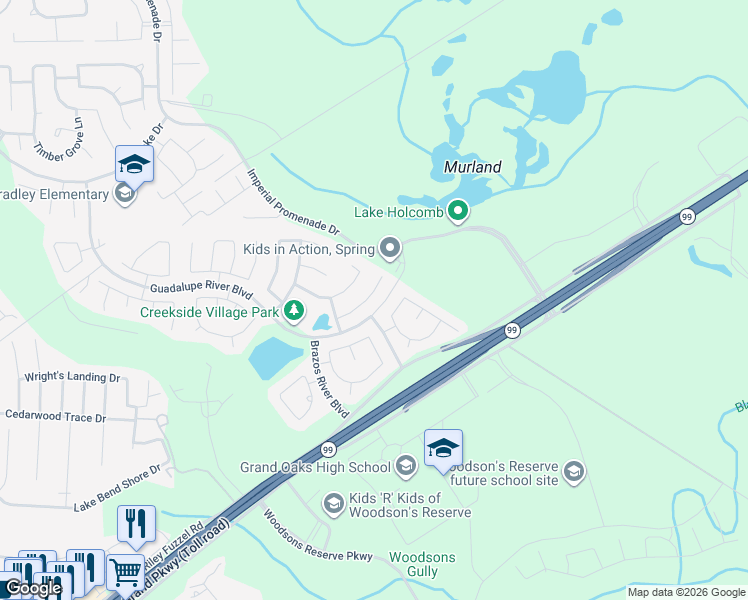 map of restaurants, bars, coffee shops, grocery stores, and more near 4810 San Antonio River Drive in Spring