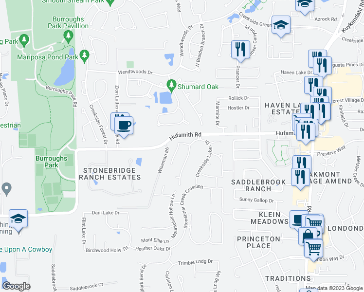 map of restaurants, bars, coffee shops, grocery stores, and more near 25410 Hollowgate Park Lane in Tomball