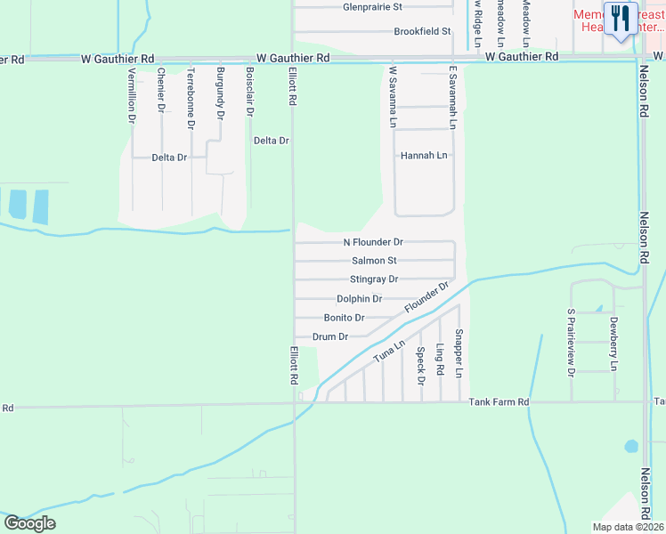 map of restaurants, bars, coffee shops, grocery stores, and more near 2507 Salmon Street in Lake Charles