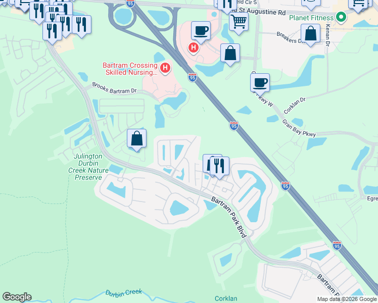 map of restaurants, bars, coffee shops, grocery stores, and more near 12945 Spring Rain Road in Jacksonville