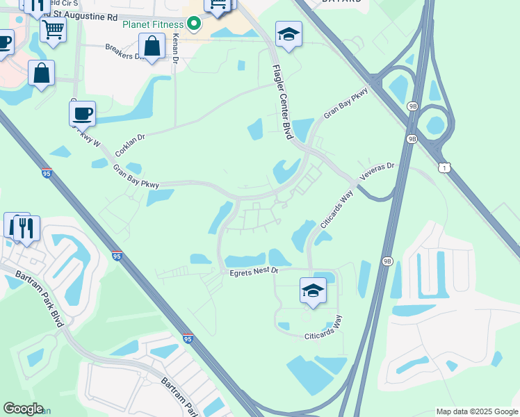 map of restaurants, bars, coffee shops, grocery stores, and more near 13444 Gran Bay Parkway in Jacksonville