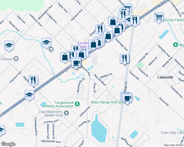 map of restaurants, bars, coffee shops, grocery stores, and more near 1300 Bay Hill Boulevard in Orange Park