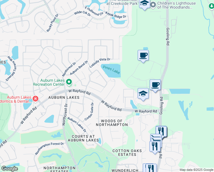 map of restaurants, bars, coffee shops, grocery stores, and more near 25218 Knob Pines Court in Spring