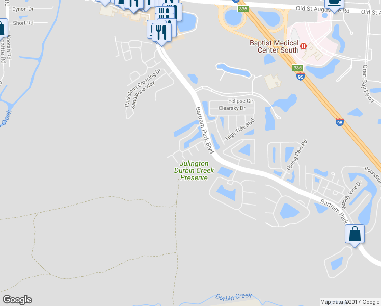 map of restaurants, bars, coffee shops, grocery stores, and more near 13495 Essence Court in Jacksonville